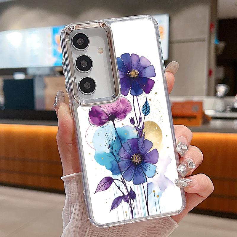 INS Watercolor Floral Case For Samsung S26 S25 Ultra S24 FE S23 Plus S22 S21 A15 A16 A17 A35 A36 A37 A54 A55 A56 A57 5G Plating Lens Soft Cover