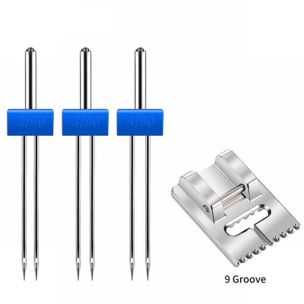 

4pcs Machine Twin Needles and Wrinkled Presser Foot Set 234mm for Sewing Projects with Pleated and Parallel Stitch Effects