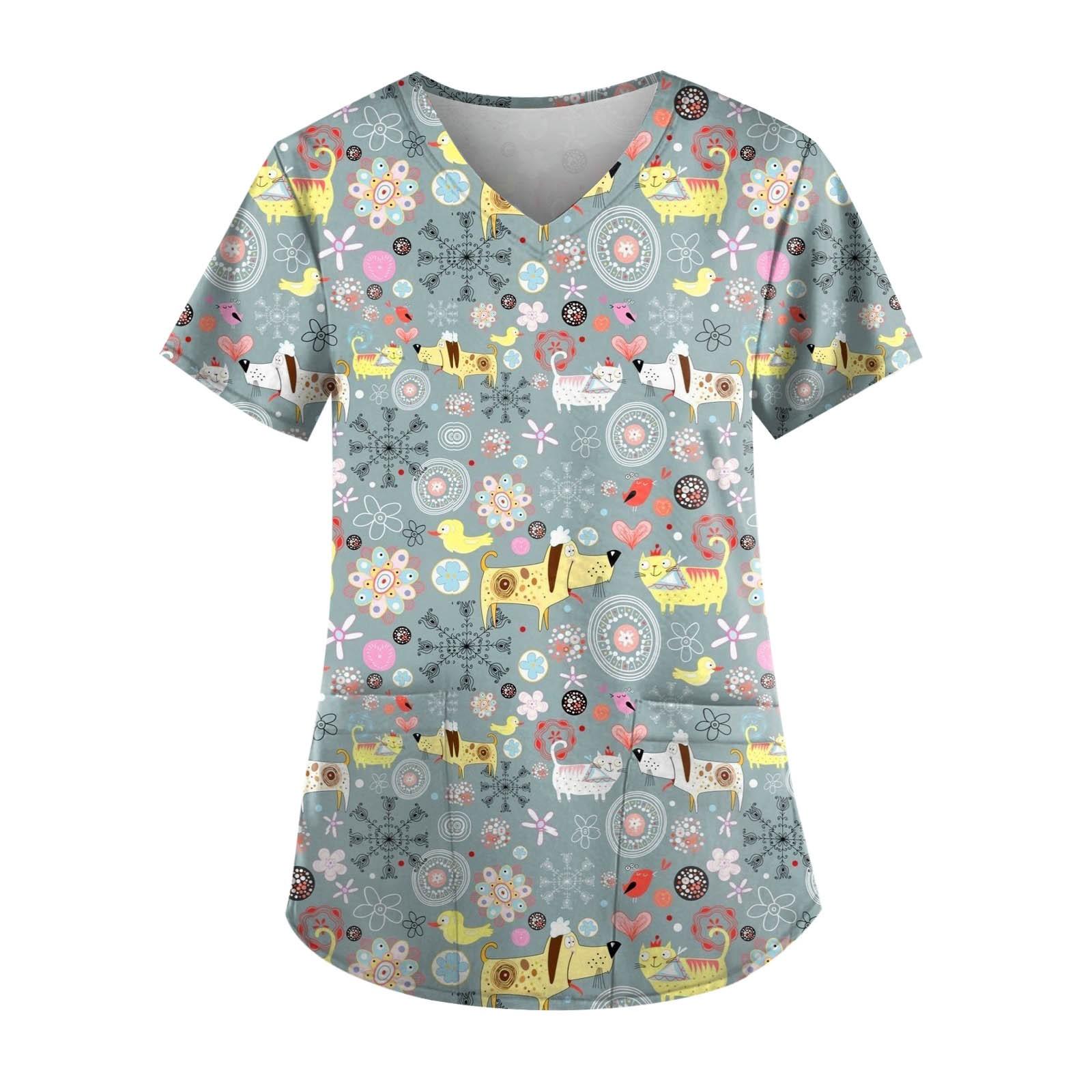 

Женские топы с короткими рукавами и v-образным вырезом с принтом, рабочая блузка с карманами S