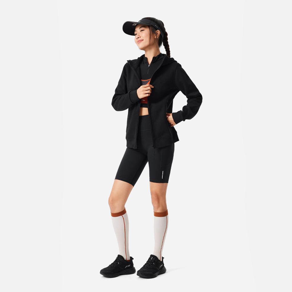 Li Ning Fitness Series Hooded Zipper Solid Color Fleece Warm Long Sleeve Sweatshirt Women sweatshirt Black AWDU632-6