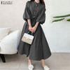 ZANZEA Women Casual Round Neck 3/4 Sleeve Loose Dress