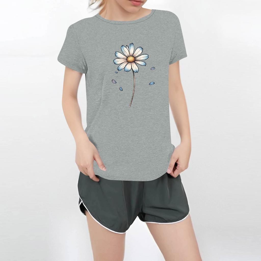 Camiseta feminina casual estampada de manga curta com decote redondo