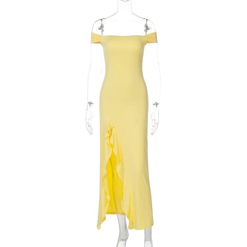 Women's Line Neck Top Breast Long Skirt Slit Temperament Slim Dress