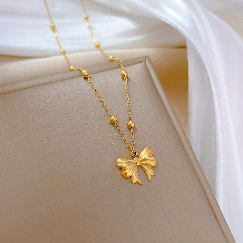 Clip Bead Chain Bow Furnace Real Gold Necklace Women'S Collarbone Chain With Jewelry