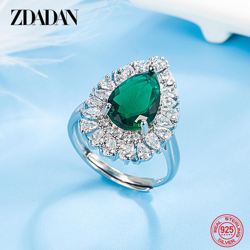 925 Sterling Silver Water Drop Emerald Adjustable Ring for Women Fashion Jewelry resizable