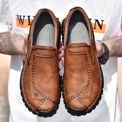 Herren-Loafer, braune Wanderschuhe, zum Reinschlüpfen, handgefertigt, lässig, Leder, breite Outdoor-Schuhe für Väter in Übergröße