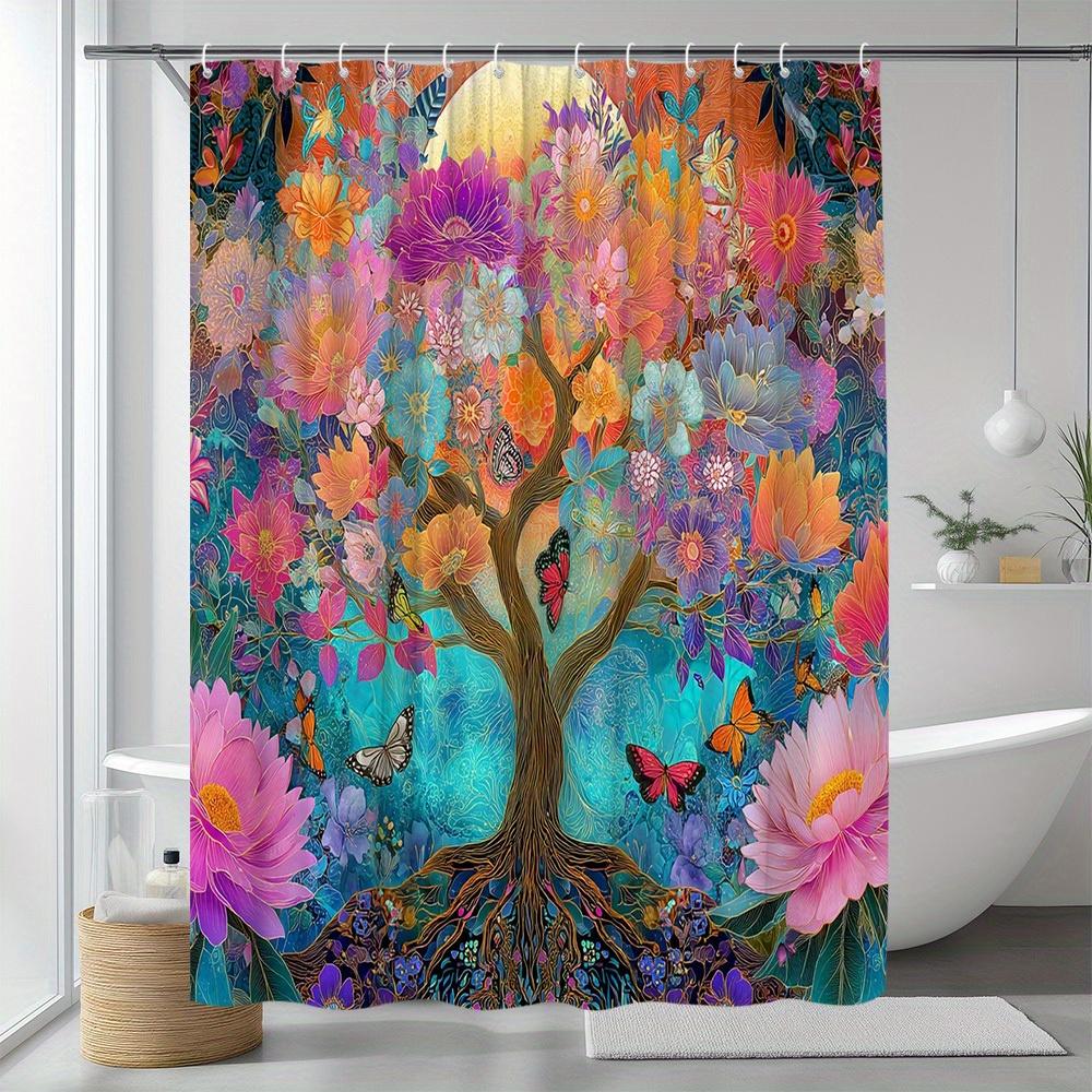 

Enchanting Tree Of Life Shower Curtain - Vibrant Butterfly & Flower Design For Modern Bathroom Dcor, Waterproof & Easy Care W60H190(CM)-1 Pcs
