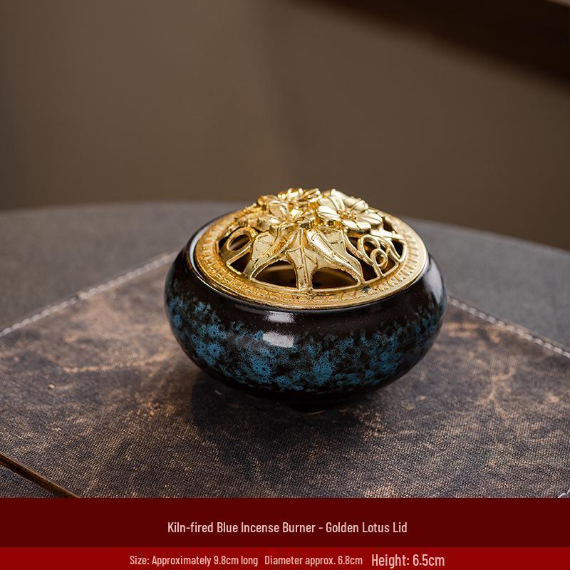 Portable Ceramic Sandalwood Incense Burner: Golden Bowl Ornament & Incense Plate