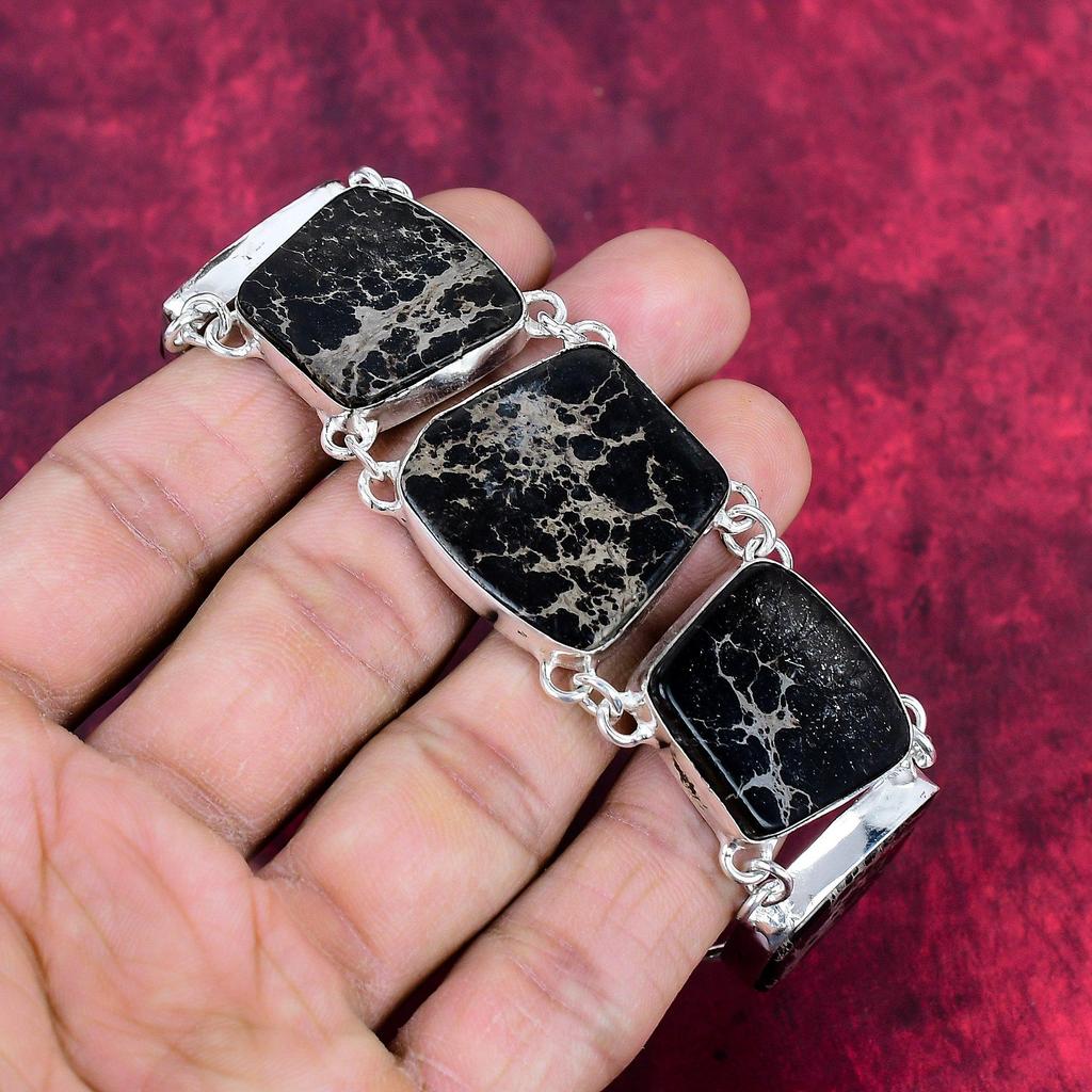 Black Sea Sediment 925 Solid Sterling Silver Bracelet with Adjustable Chain, Handmade Gemstone Jewelry Bracelet For Memorial Day