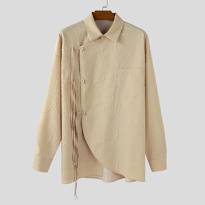 INCERUN Oversized Men Turn Down Collar Long Sleeve Side Cross Irregular Texture Shirts Tops