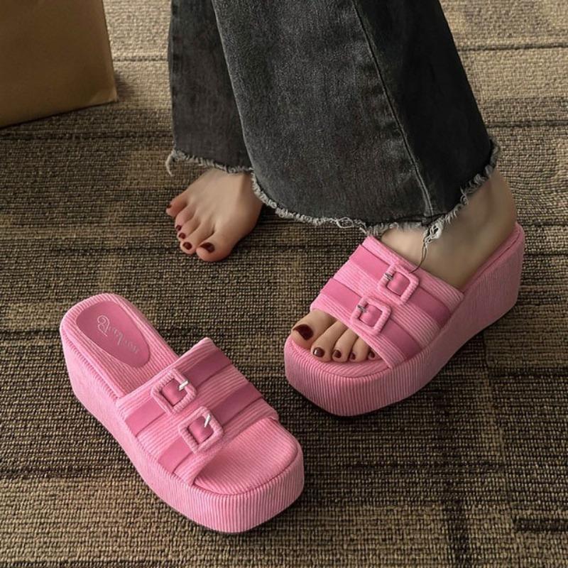 Women Slipper Pink Square Head Platform Slippers Corduroy Open-toe Women Sandal Designer Shoes Fad Wedge Sandals Sandalias Mujer