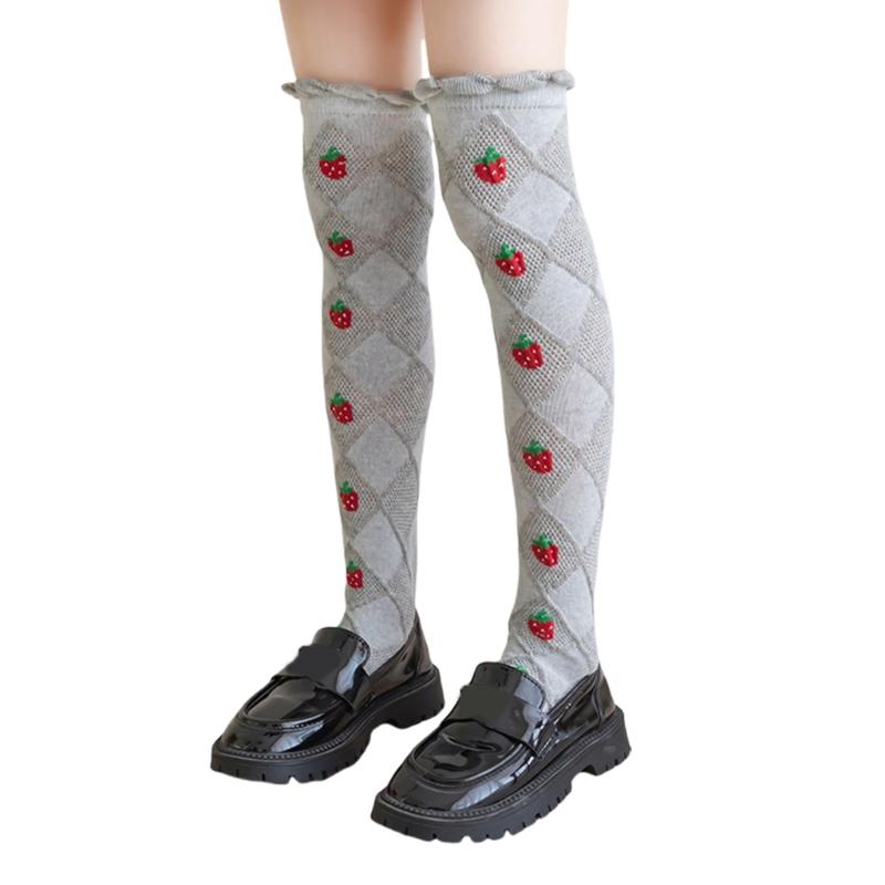 Baby Girls Long Tube Socks Spring Autumn Summer Thin Kids Strawberry Printed Socks Over Knee Length Stockings