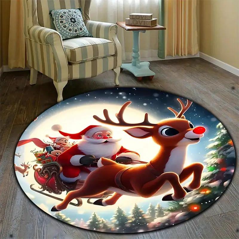 Christmas Santa Claus Round Carpet Living Room Bedroom Mat Festive Atmosphere Decorated Christmas Tree Home Rug Decoration