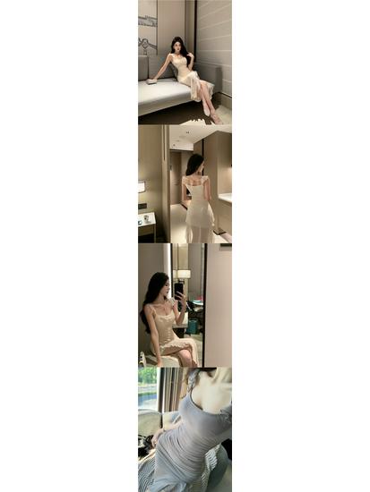 Women's Summer French-Style Camisole Dress - Petite 150 Slim Fit with Sexy Irregular Slit