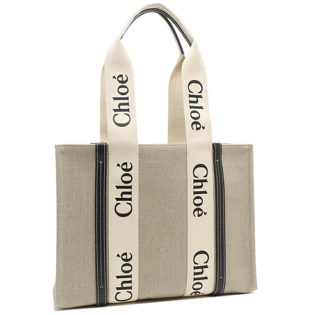 Chloe Woody Medium Tote Beige and CHC22AS383I26 A4 Size Compatible Bag, Navy, Women's, 91J, [Used]