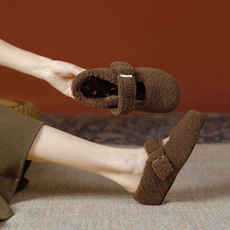 Small man, inner height increase Birkenstocks, outer wear Mary Jane shoes, winter warm cotton shoes, white fluffy half slippers