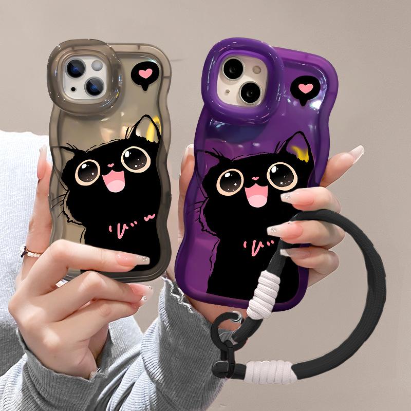 Niedliches Schlüsselband mit schwarzer Katze, Geeignet für Apple 16promax Handyhülle 15, Transparentes Silikon 14, Doppelständer 13, Nische 12