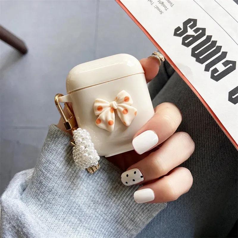 Various Cute Bear Heart-shaped  Bow tie Beige Case For Airpods 4 Earphone Case For AirPods Pro 2nd 3 1 2 Earphone Charging Box Keychain Lanyard