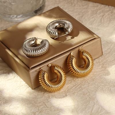 18K Gold Threaded Stainless Steel Hollow Earrings Trendy Women's Retro Earrings