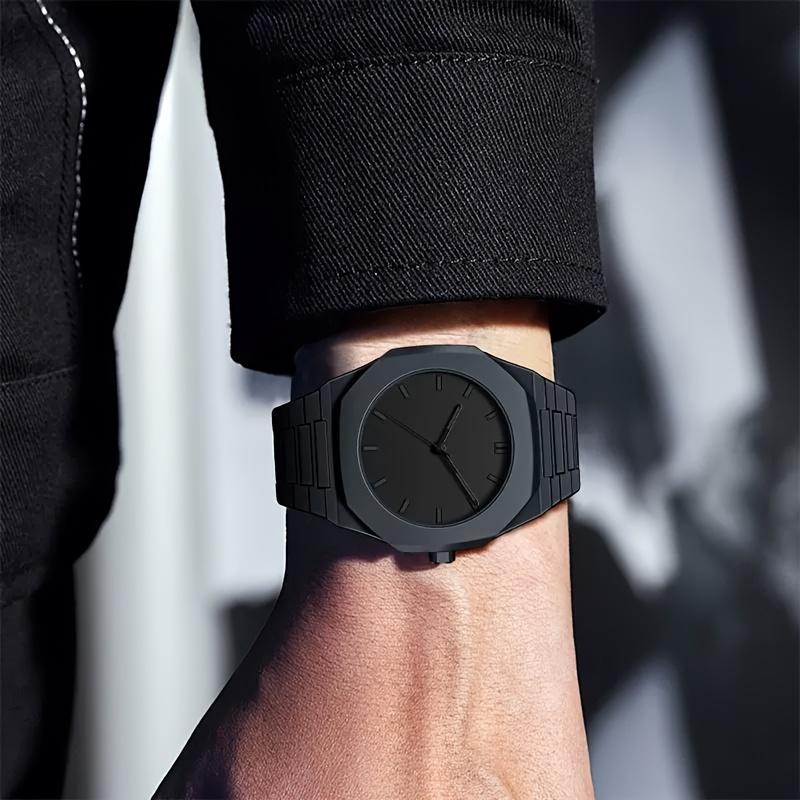 High-end All-Black Octagonal Wristwatch, Men's Business Casual Quartz Watch, Minimalist Versatile Steel Band Watch