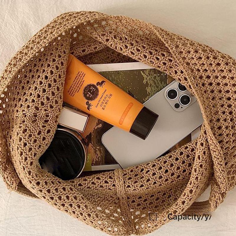 Trendy Hollow Out Weave Straw Bag Bohemian Beach Handbag Hollow Tote Bag Large Capacity Shopping Beach Bag