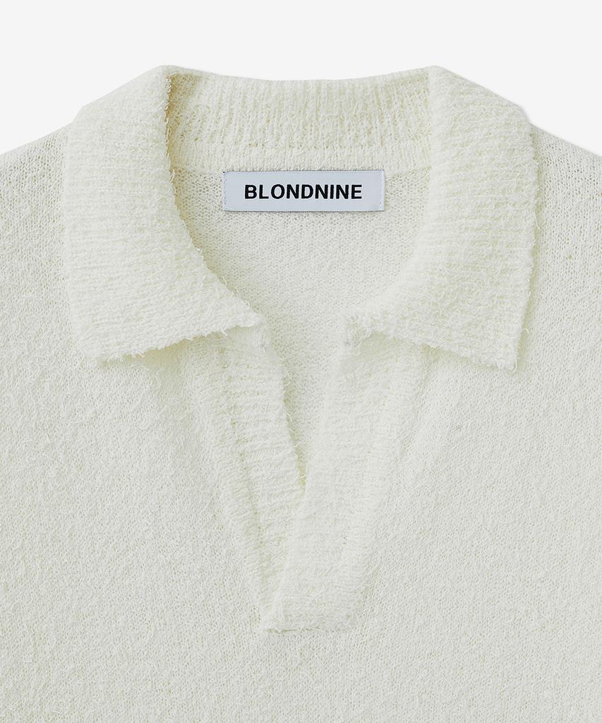 BLOND9 Tail Yarn Open Collar Short Sleeve Knit_Ivory