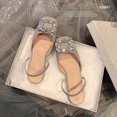 Rhinestone Square Buckle Sandals Women's Summer Fashion Back Hollow One Word Strap Low Heel Medium Heel Thick With