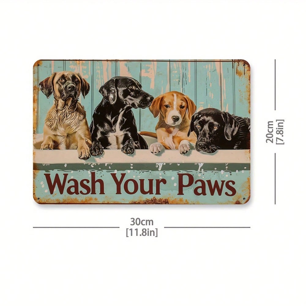 Vintage Wash Your Paws Dog Tin Sign Rustic Pet Wall Art Decor Playful Puppy Distressed Teal