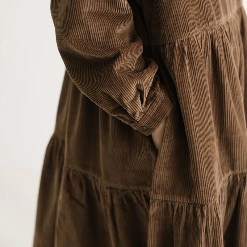 Japanese Style Corduroy Doll Collar Autumn A-Line Long-Sleeve Dress