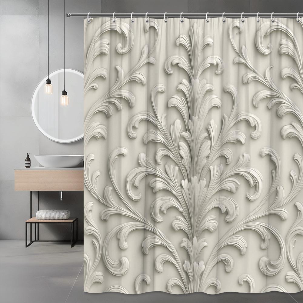 

Elegant 3D Carved Leaf Shower Curtain Cream White Baroque Pattern Luxurious Classic Decor Waterproof Elevate Space Quick Setup W60H190(CM)-1 Pcs