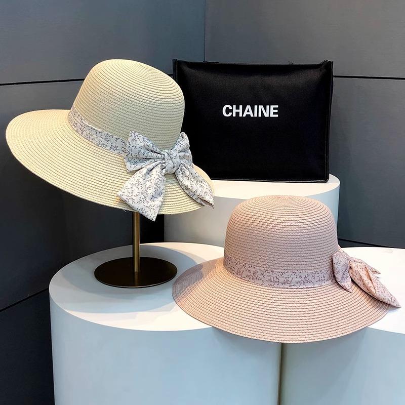 Hepburn style straw hat seaside vacation sun hat summer straw braided big brim temperament bow sun hat women's