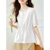 Womens White Round Neck Short Sleeve Drawstring Waist Button Front Peplum Shirt