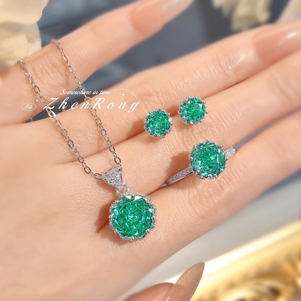 Octagon Tanzanite Pendant Necklace with Sparkling Diamond Earrings and Paraiba Ring Women Fashion Jewelry Set