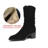 Krazing Pot Cow Suede Nubuck Round Toe Thick Heels Western Boots Size 42 Slip on Women Pleated Decoration Mid-calf Boots