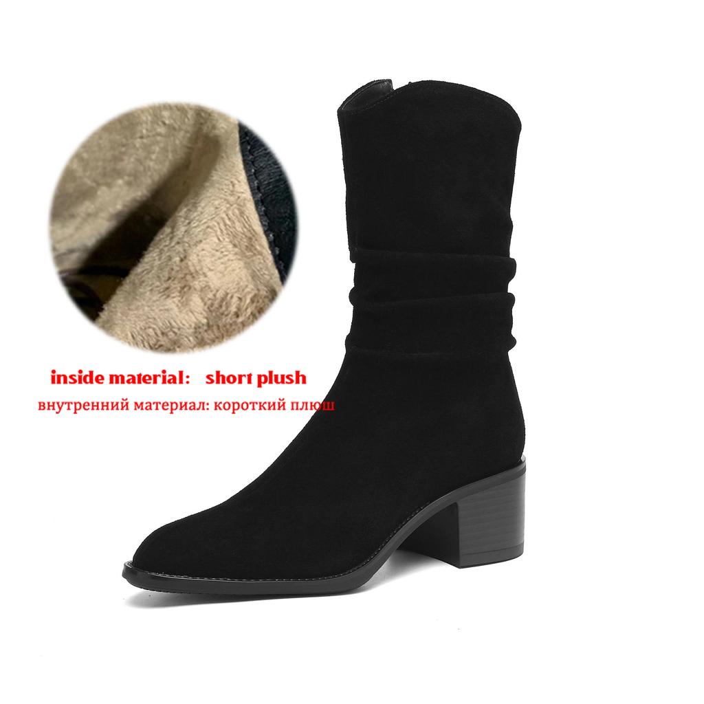 Krazing Pot Cow Suede Nubuck Round Toe Thick Heels Western Boots Size 42 Slip on Women Pleated Decoration Mid-calf Boots
