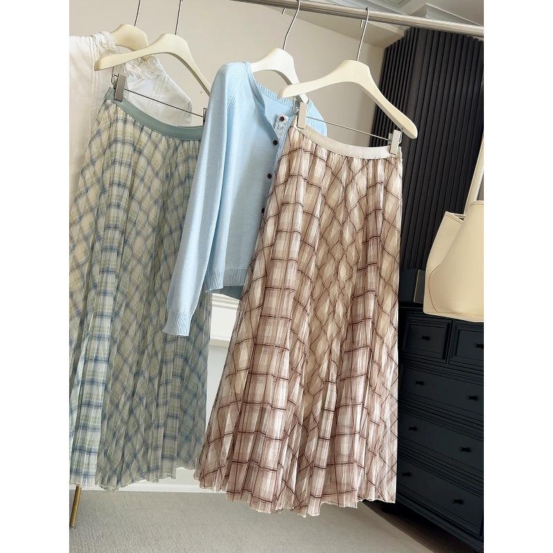 

Spring and summer plaid printing mesh skirt women s high waist and thin A-shaped long skirt casual pleated pendulum skirt One size fits all хакі