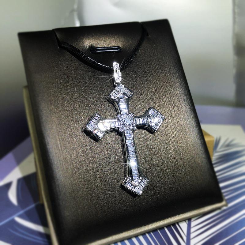 925 Fine White Zircon Men And Women Classic Cross Pendant Micro-Inlaid Zircon Necklace Birthday Party Jewelry