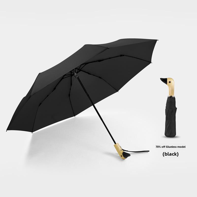 Creative Duck Head Umbrella: Stylish Black with Wooden Handle, Sun Protection, Dual-Purpose for Rain or Shine.