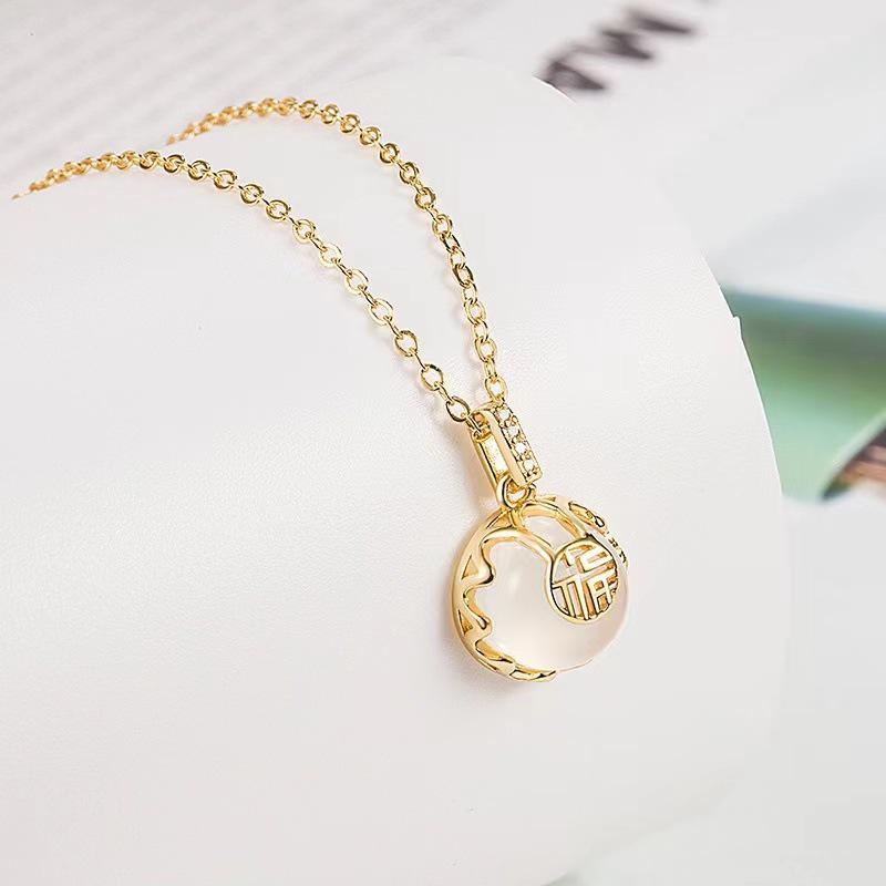 Fu Character Chalcedony Necklace - Women's Trendy, Simple Chinese Style Pendant with Versatile Fashionable Clavicle Chain
