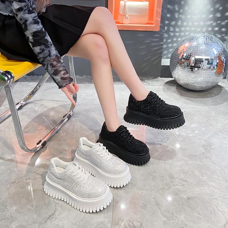 Synthetic Microfiber Leather Women Platform Shoes  Chunky Sneakers Bling Vulcanize Casual Shoes Luxury White Walking Shoes