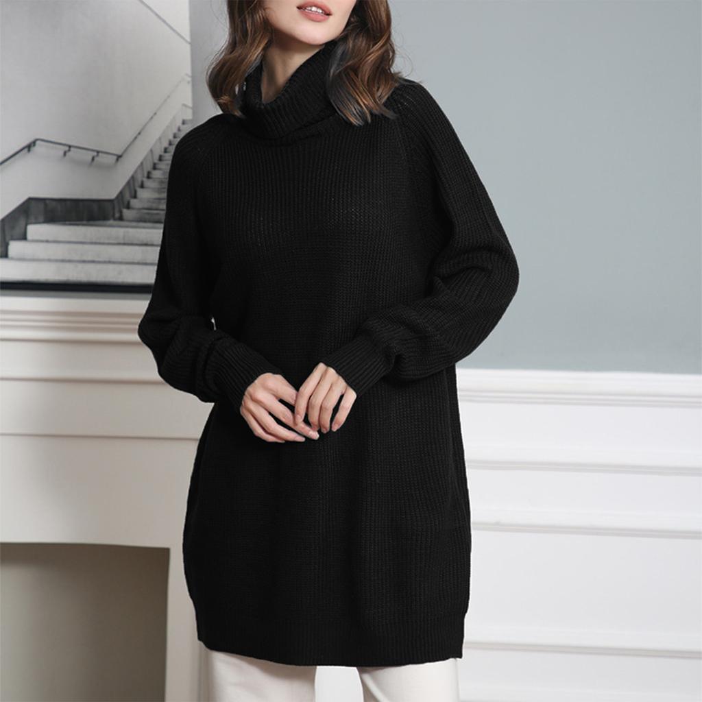 Fashion Warm Basics Long Sleeves High Neck Pocket Mid-Length Pack Hip Dress Loose Sweater Women's Knitwear