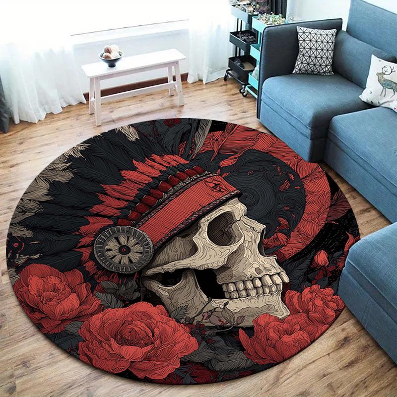 Skull Flower Round Area Rug,Carpet Rug for Living Room Bedroom Sofa Playroom Decor,Non-slip Floor Mat 80cmx80cm