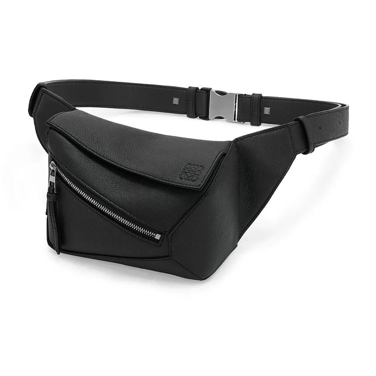 Loewe Puzzle 24 Adjustable Shoulder Strap Zipper Closure Leather Waist Bag Mini Men Waist Bag Black B510EB1X03-1100