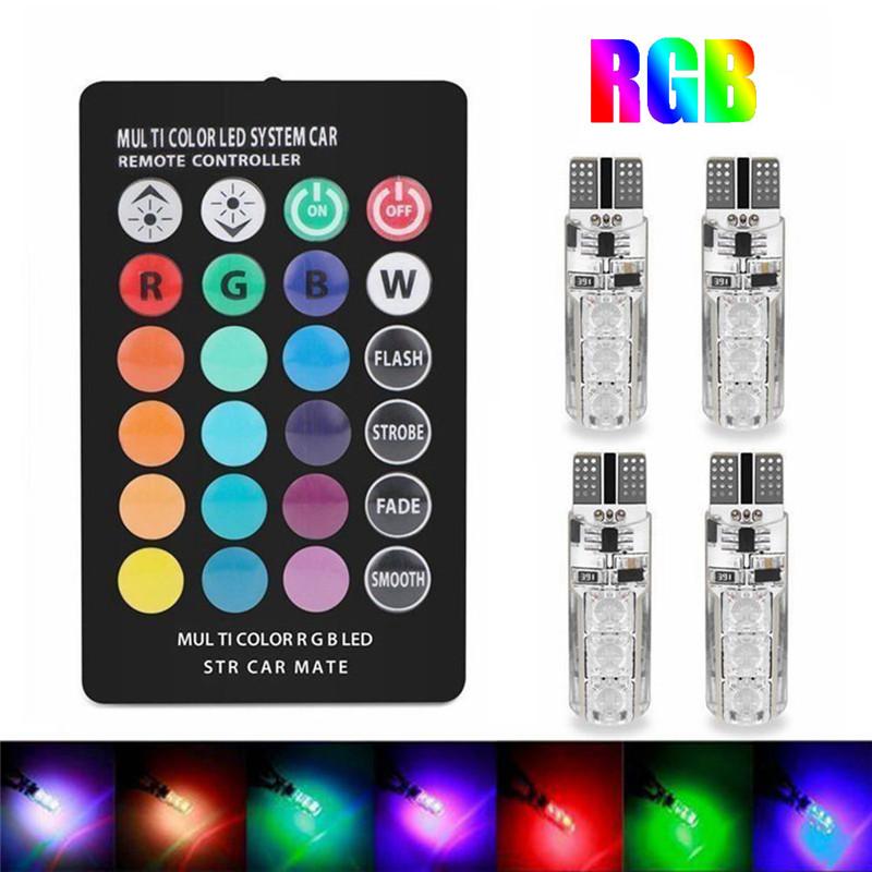 4PCS Car Signal Atmosphere Bulb T10 5050 6SMD Waterproof W5W Remote Controller RGB 194 168 Dome Light Silicone Wedge Side DC 12V