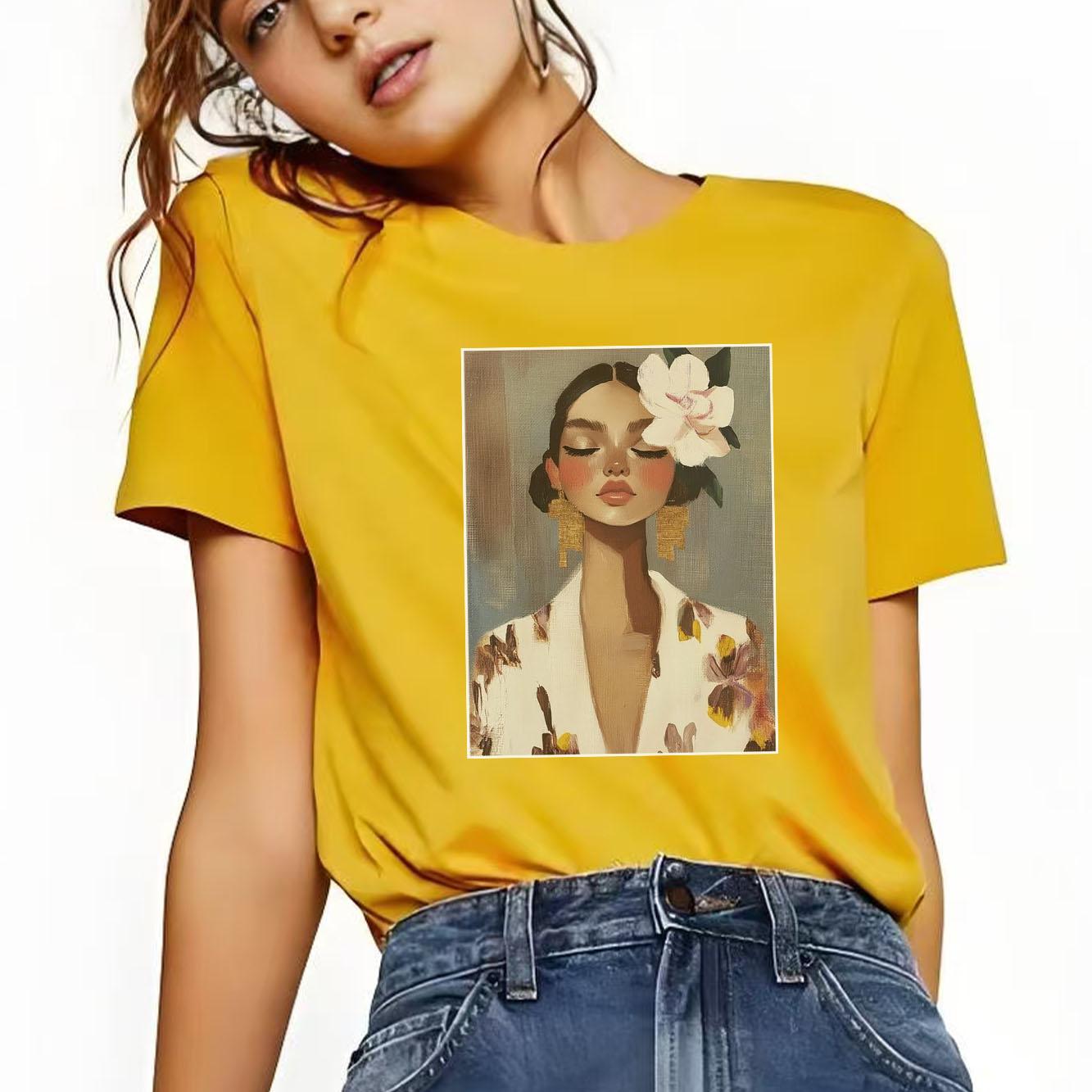 New Fashion Beauty Printed Tshirt Oil Painting Style Casual Short Sleeve Fashion Versatile Womens Tshirt S