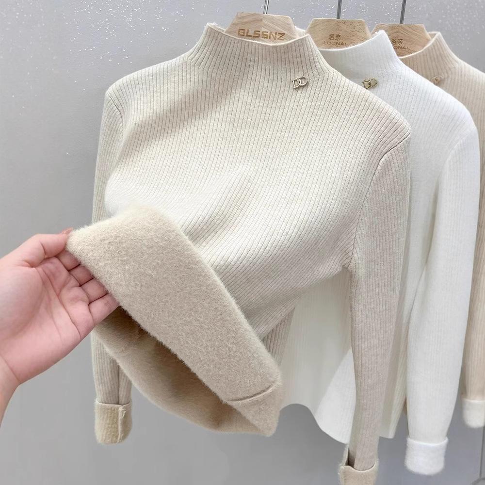 

Женский свитер толстой вязки с бархатной внутренней частью, полувысоким воротником, однотонный повседневный худи для осени и зимы L бежевый