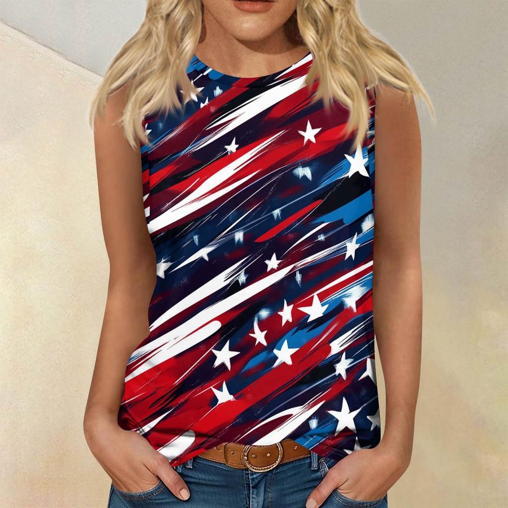Women's Fashion Casual T-Shirt Round Neck Sleeveless Independence Day Printed Vest Top