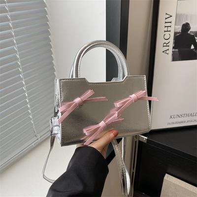 Bow Glossy Solid Color Spring Simple Commuting Casual Portable Messenger Small Square Women'S Bag