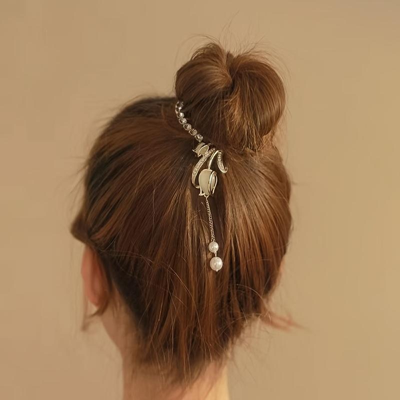 1PC Tulip Rhinestone Fringed Hairpin Women's High-end Temperament Simple Hair Accessories Back of The Head Ponytail Niche Hairpin Headdress