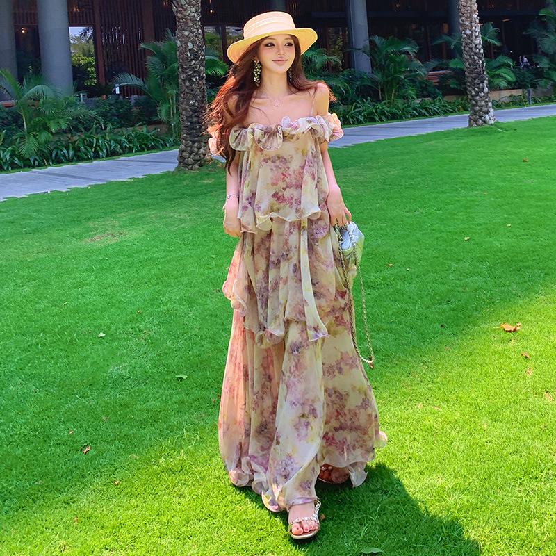 French gentle wind multi-layer floral suspender dress women's summer vacation small high-end feeling beautiful cake dress